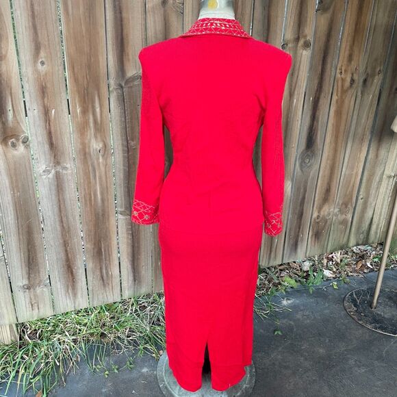 Vintage TOULA SANTANA KNIT Skirt Suit Red Embellished Midi Pencil sz 8 - Picture 6 of 11